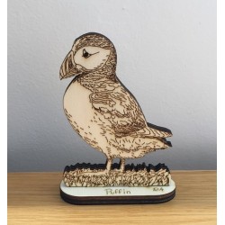 Hand drawn Puffin laser cut from plywood self-standing